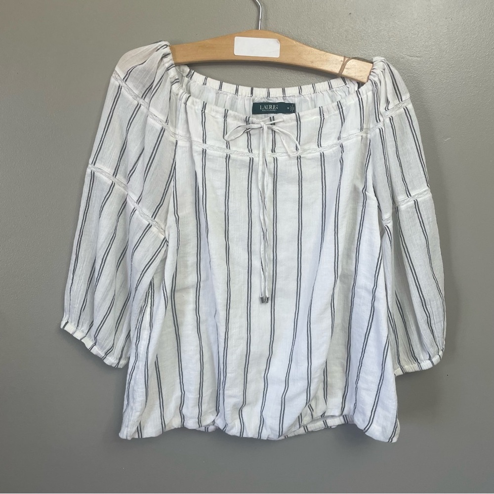 Lauren Ralph Lauren Women's Peasant Top Medium Striped Lace Cotton Boho Romantic